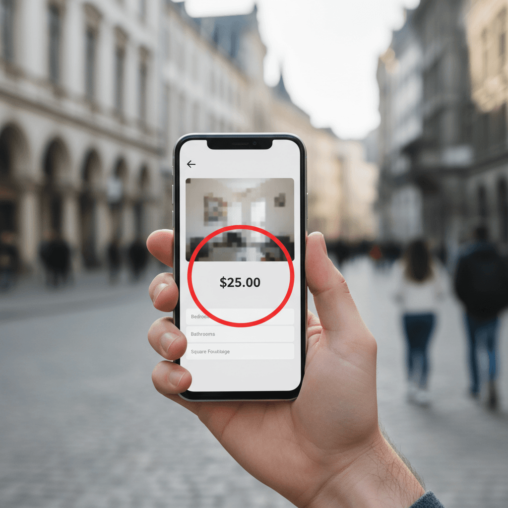 Smartphone con annuncio affitto sospetto a prezzo troppo basso, segnale di possibile truffa affitti Erasmus